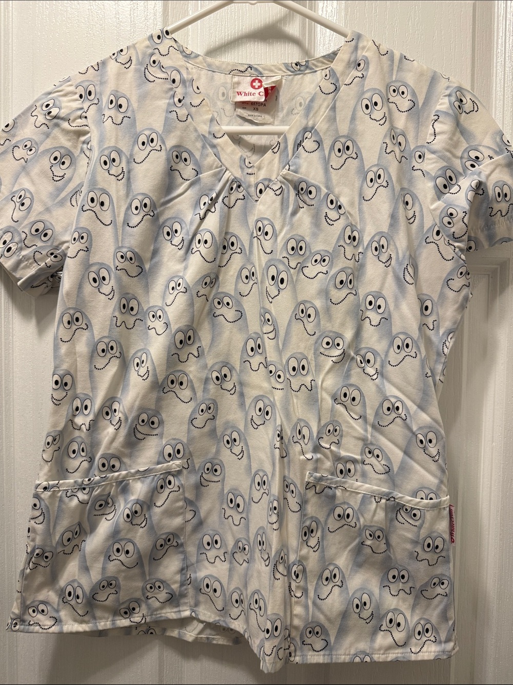 White Cross Light Blue & White Ghost-Print V-Neck Scrub Top
